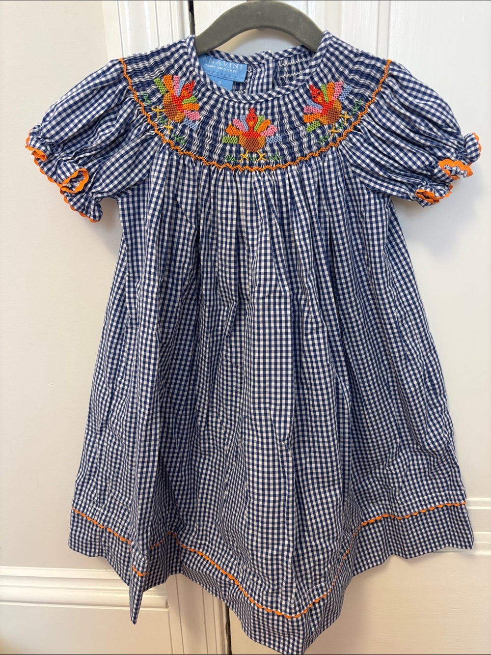 Smocked Gingham Girls Dress with Turkey Embroidery - Blue